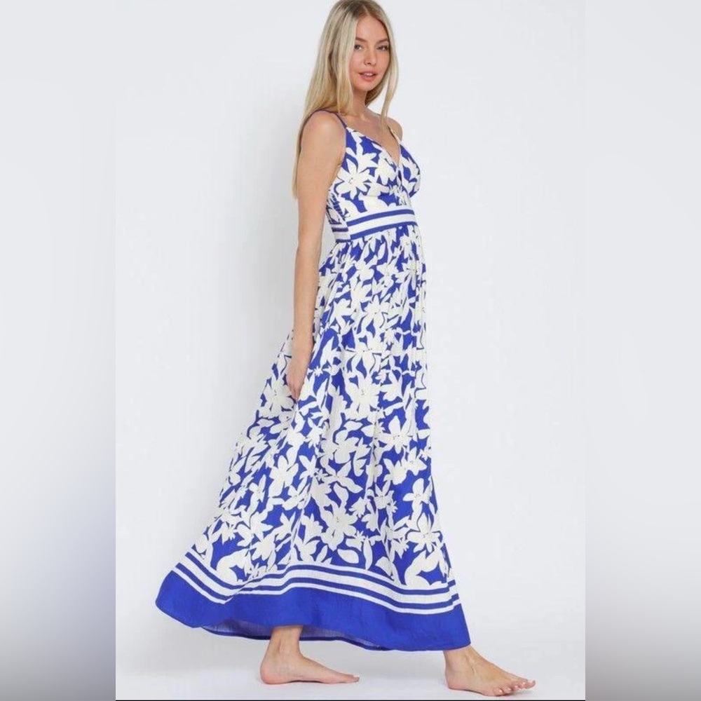 Aakaa Blue and White Floral V-Neck Maxi Dress